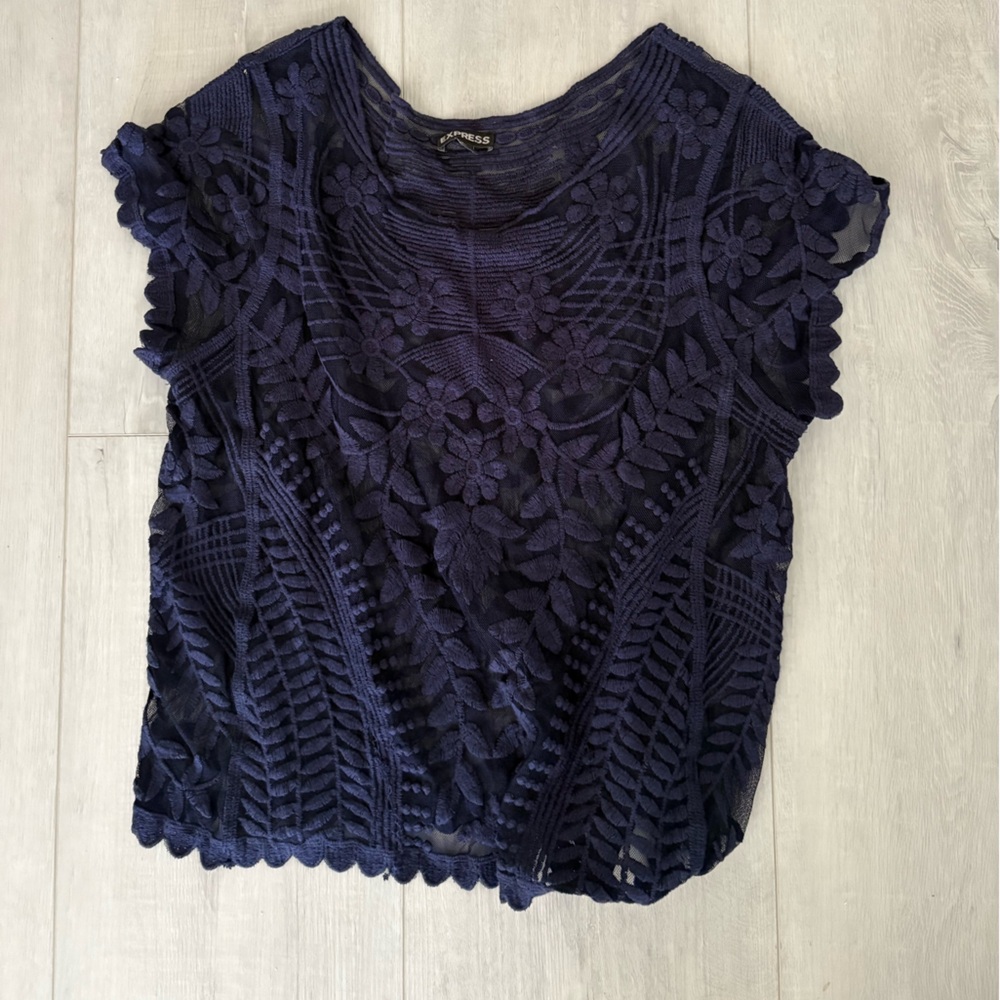 Navy Sheer Lace Floral Top
